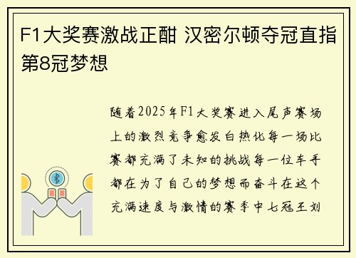 F1大奖赛激战正酣 汉密尔顿夺冠直指第8冠梦想